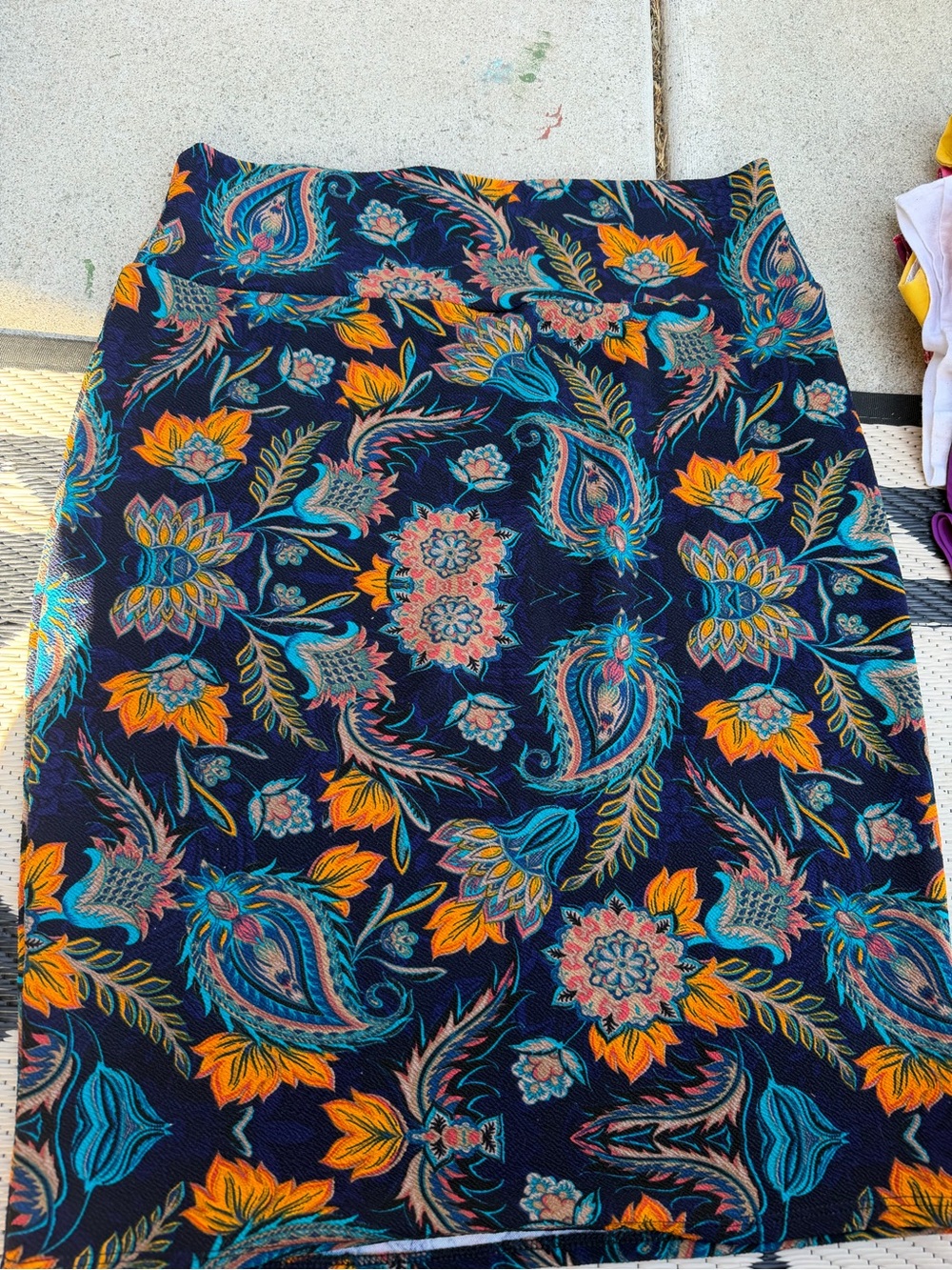 LuLaRoe Navy Floral Paisley Pencil Skirt with Teal and Orange Accents